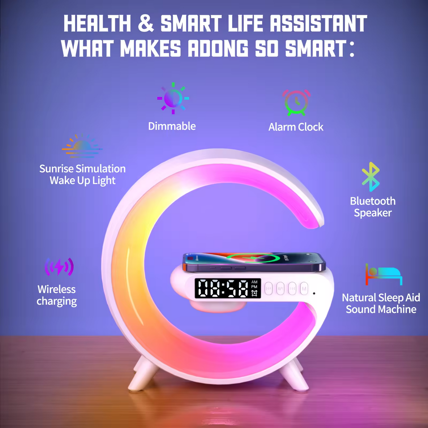 Multifunctional Bluetooth Speaker-Colorful Atmosphere Light Wireless Charging and Clock All-in-one Machine