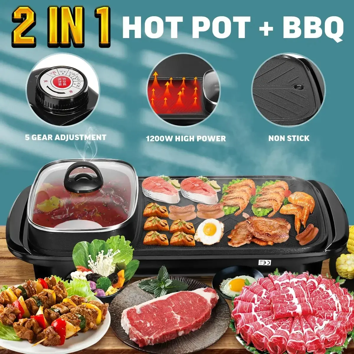 Home hot pot rectangular electric smokeless grill pan